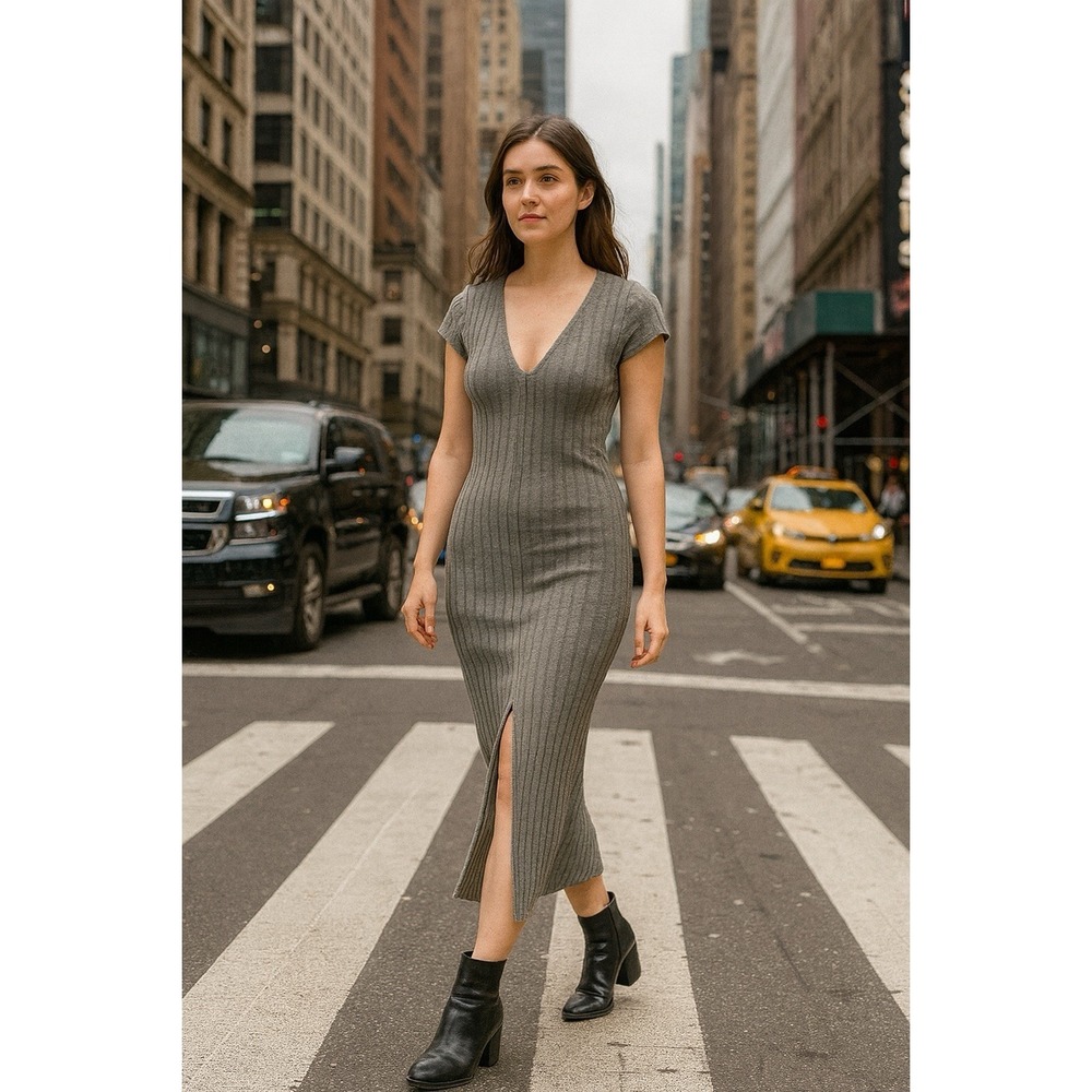 Zara Dress Womens Large Gray Maxi Short Sleeve Slit Pencil‎ Stretch Ladies